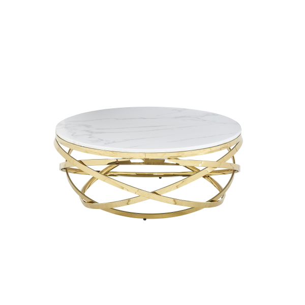 Roman numeral Marble Round Coffee Table with Golden Stainless Steel Frame, Modern Accent Table for Living Room, Bedroom, Apartment