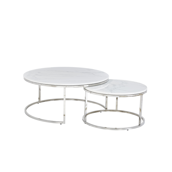 Coffee Table Nesting White Set of 2 Side Set Golden Frame Circular and Marble Tables, Living Room Bedroom Apartment Modern Industrial Simple Nightstand